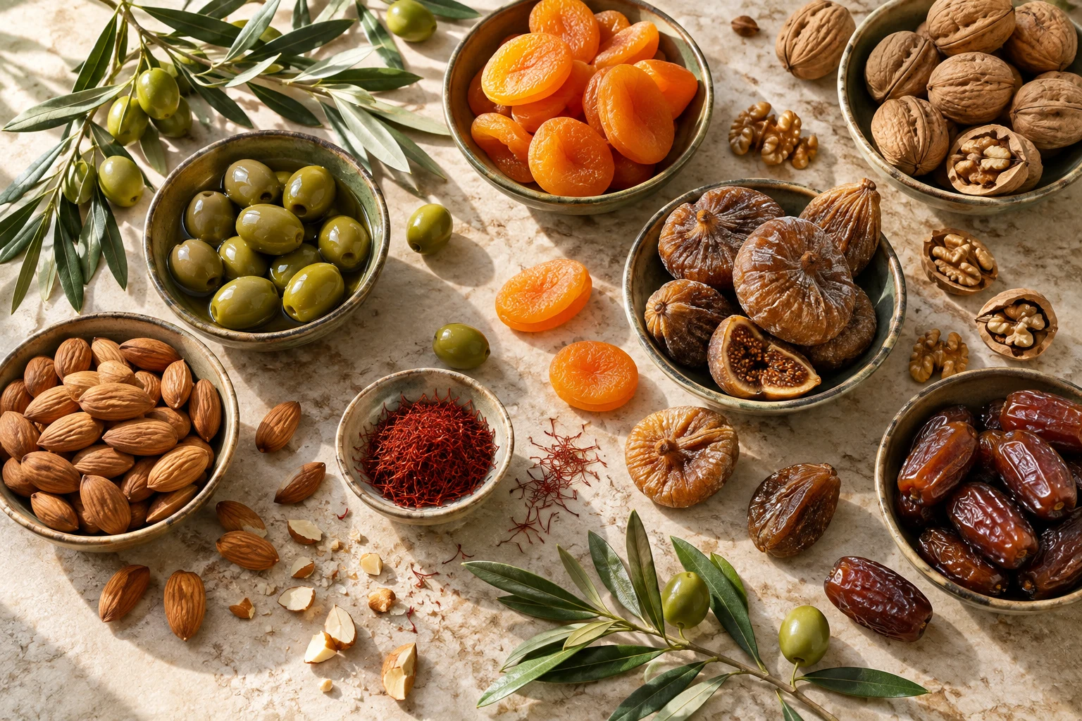 Almonds, walnuts, dried apricots, figs, dates, olives and saffron on pale stone